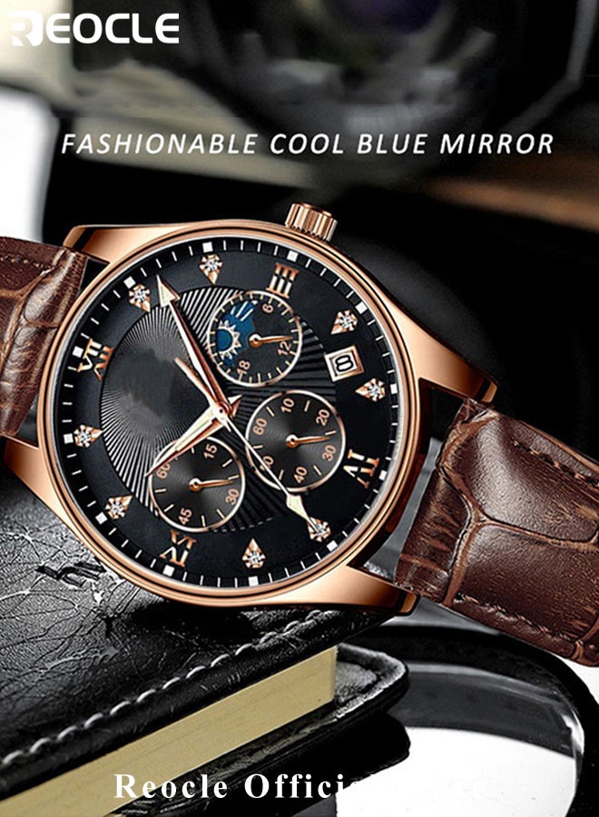ريوكل ساعة كوارتز رجالية فاخرة كاجوال بحزام جلدي ومينا من الفولاذ المقاوم للصدأ ومقاومة للماء بأرقام رومانية وكرونوغراف وتاريخ - Image 3