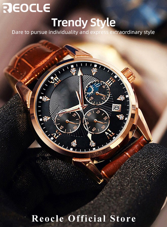 ريوكل ساعة كوارتز رجالية فاخرة كاجوال بحزام جلدي ومينا من الفولاذ المقاوم للصدأ ومقاومة للماء بأرقام رومانية وكرونوغراف وتاريخ - Image 4