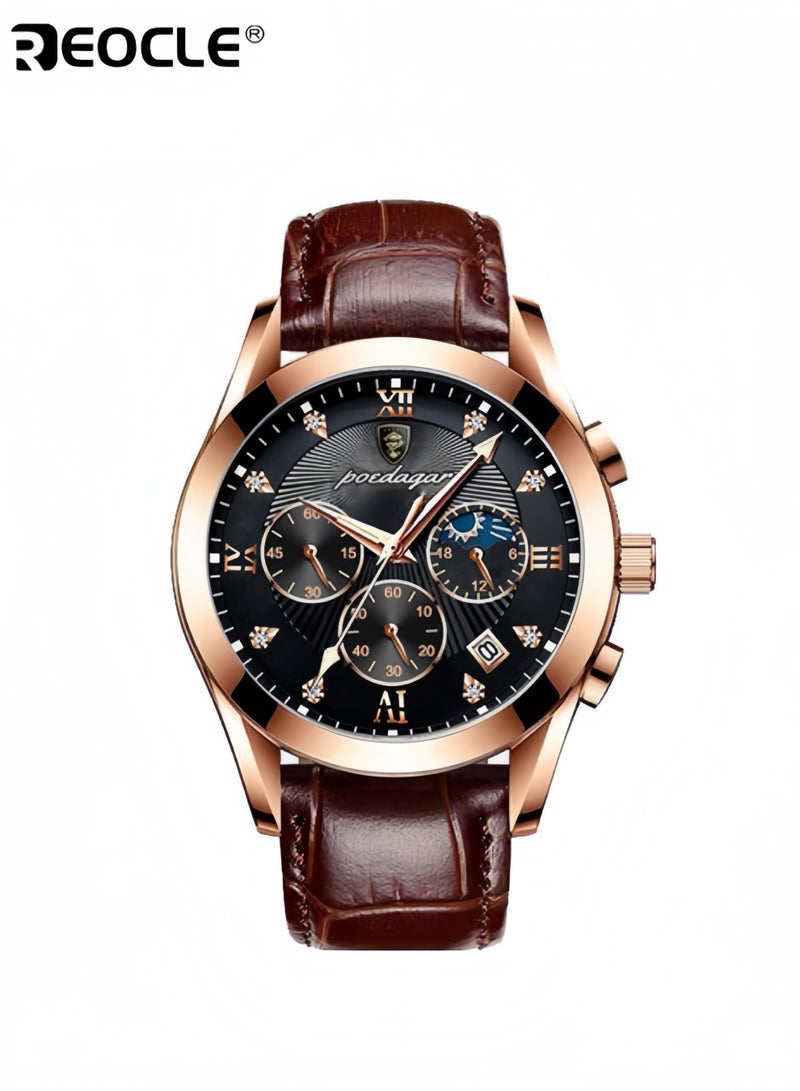 ريوكل ساعة كوارتز رجالية فاخرة كاجوال بحزام جلدي ومينا من الفولاذ المقاوم للصدأ ومقاومة للماء بأرقام رومانية وكرونوغراف وتاريخ - Image 1