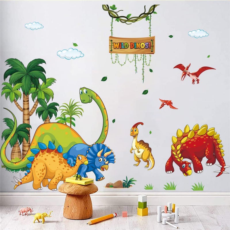 Supzone Cartoon Dino Wall Decal  Wild Tree  Dinosaur Wall Art Sticker for Boys Room Kids Baby Nursery Playroom Living Room Decor