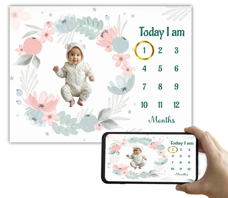 Hoolloomooloo Hoolloomooloo Baby Milestone Blanket | 1-12 Months | Soft All-Season Blanket | Includes Golden Ring & 15 Milestone Cards | Growth Tracker & Photoshoot Prop | Newborn Gift | 120x90 cm  - Image 1