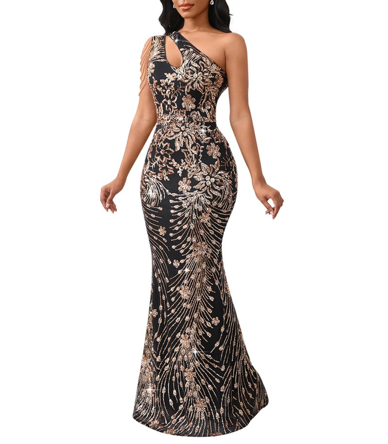 Cololura Women Sequin Elegant Sexy One Shoulder Tassel Oblique Collar Mermaid Bodycon Cocktail Evening Dress - Image 1
