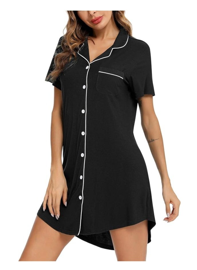 Generic - Nightgown for Women Sleep Shirt Short Long Sleeve Sleepwear Boyfriend Nightshirt Button Down Pajama Dress S-XXL - Image 1