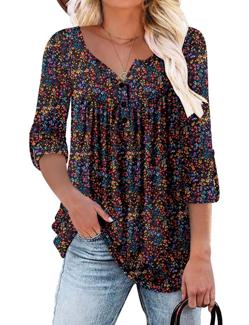 ROSELINLIN Womens Tunic Top Loose Fit Long Sleeve Boho Shirts BlackColor L - Image 1