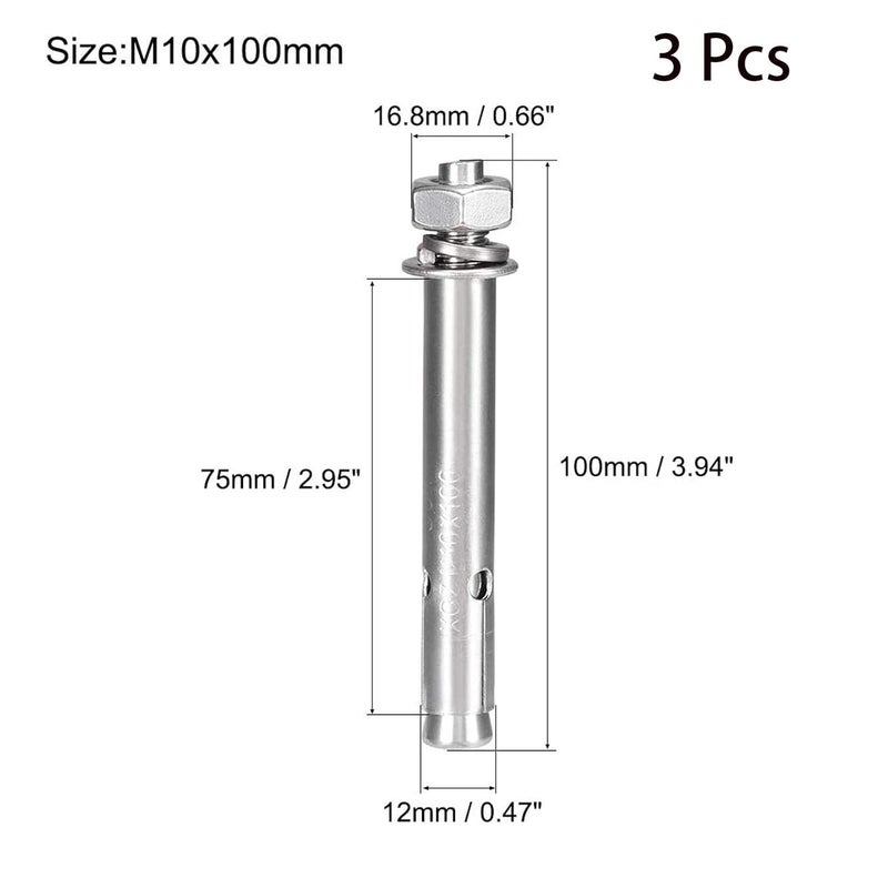 SDY 3 Pcs M10 x 100mm 304 Stainless Steel Expansion Bolt External Hex Expansion Screw Bolt Sleeve Anchor，Pool Safety Cover Expansion Bolts，for Concrete - Image 2