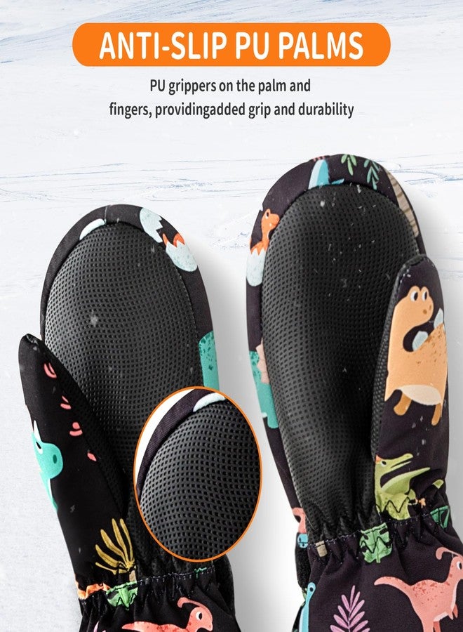 Caudblor Kids Mittens For Age 2-4,5-7,8-10, Dinosaur Toddler Waterproof Long Cuff Winter Mitten Gloves For Boy, Black Little Boys Fleece Snow Glove, Lightweight Childrens Mittens For Skiing,Skating - Image 2