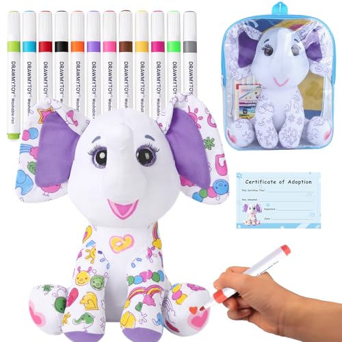 DRAWMYTOY DIY Coloring Plush Toy with Washable Markers Scribble Pets Stuffed Animal Doodle Dolls Art Toy for Boys and Girls Ages 38 Birthday Gift Elephant - Image 1