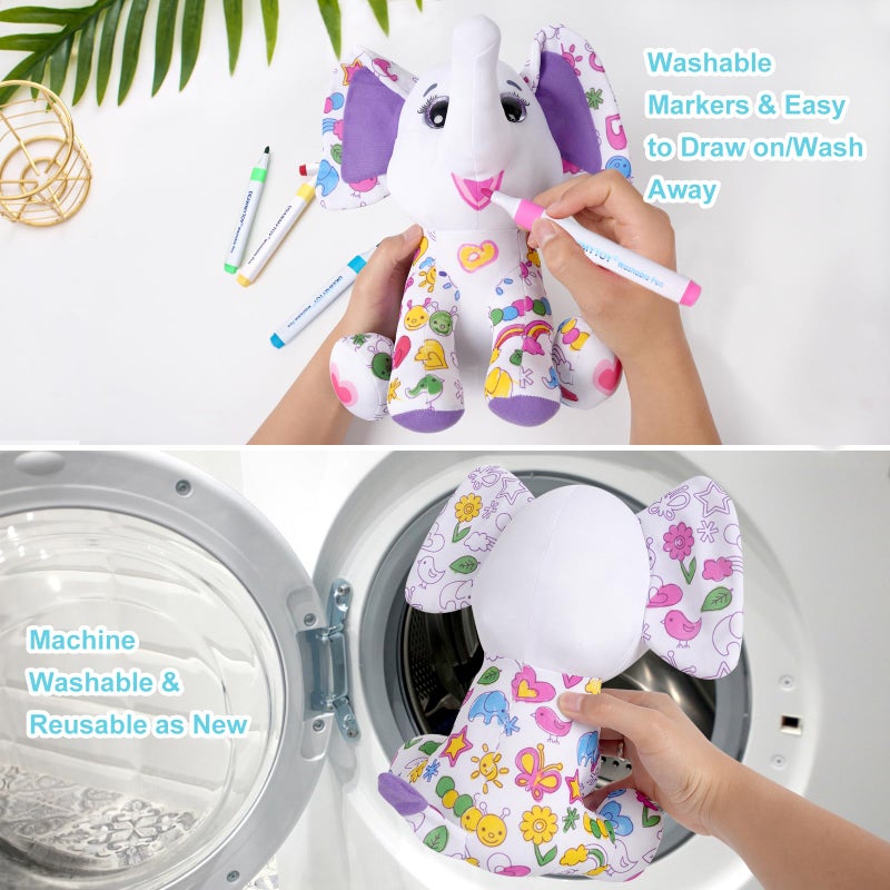 DRAWMYTOY DIY Coloring Plush Toy with Washable Markers Scribble Pets Stuffed Animal Doodle Dolls Art Toy for Boys and Girls Ages 38 Birthday Gift Elephant - Image 3