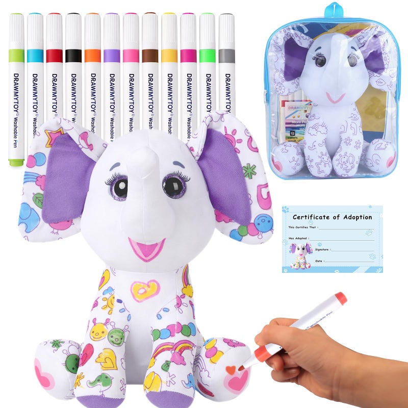 DRAWMYTOY DIY Coloring Plush Toy with Washable Markers Scribble Pets Stuffed Animal Doodle Dolls Art Toy for Boys and Girls Ages 38 Birthday Gift Elephant - Image 2
