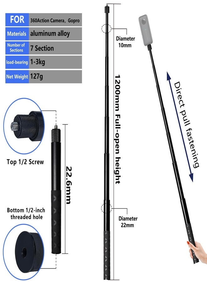 Pixel 360 Selfie Stick Invisible Selfie Stick Straight Pull 23-120CM for Insta360 X5/X4/X3，for DJI osmo 360 Panoramic Camera，for Gopro - Image 3