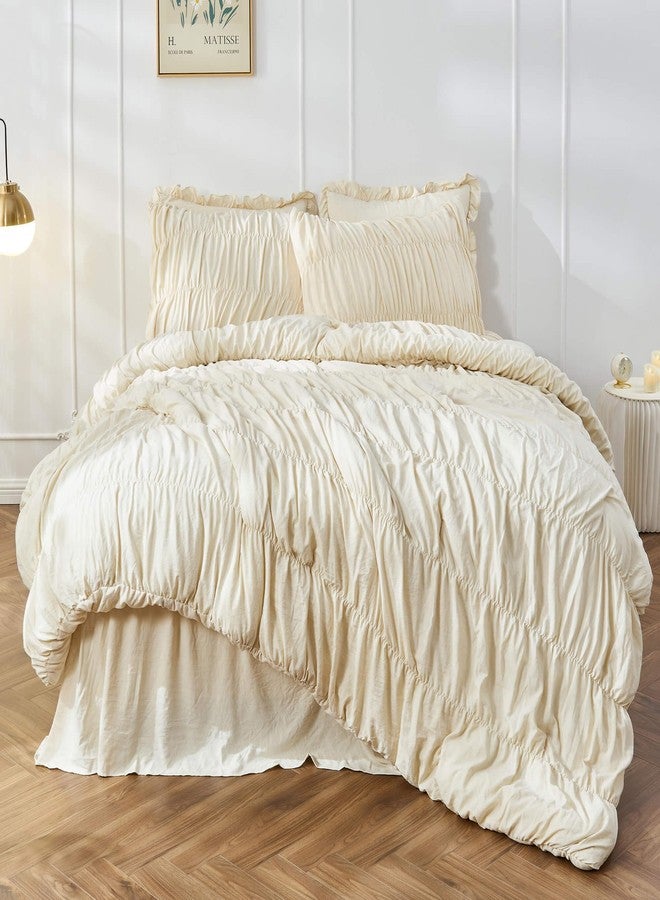 Bonlino Queen Comforter Set - Ruched Comforter Queen Size Bed Set Boho Shabby Chic Bedding for Bedroom Comforter Fluffy 3 Piece Ruffle Comforter Set with Pillow White Bedding Soft - Image 1