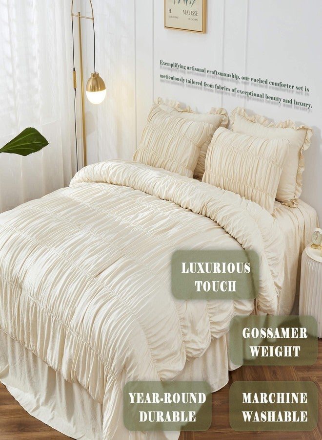 Bonlino Queen Comforter Set - Ruched Comforter Queen Size Bed Set Boho Shabby Chic Bedding for Bedroom Comforter Fluffy 3 Piece Ruffle Comforter Set with Pillow White Bedding Soft - Image 2