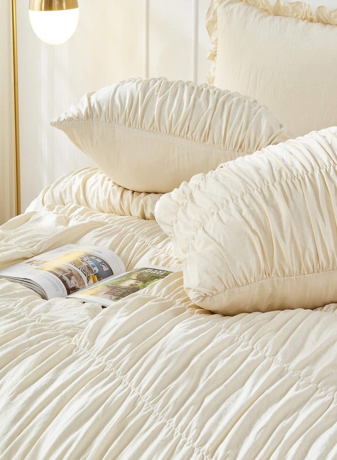 Bonlino Queen Comforter Set - Ruched Comforter Queen Size Bed Set Boho Shabby Chic Bedding for Bedroom Comforter Fluffy 3 Piece Ruffle Comforter Set with Pillow White Bedding Soft - Image 4