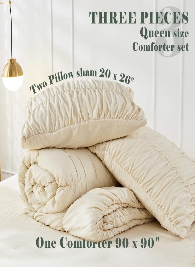 Bonlino Queen Comforter Set - Ruched Comforter Queen Size Bed Set Boho Shabby Chic Bedding for Bedroom Comforter Fluffy 3 Piece Ruffle Comforter Set with Pillow White Bedding Soft - Image 5