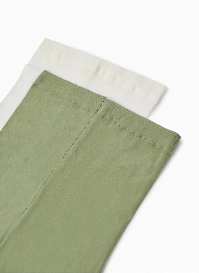 زيبي - 2-Pack Microfiber Tights for Girls, Green/White - Image 1