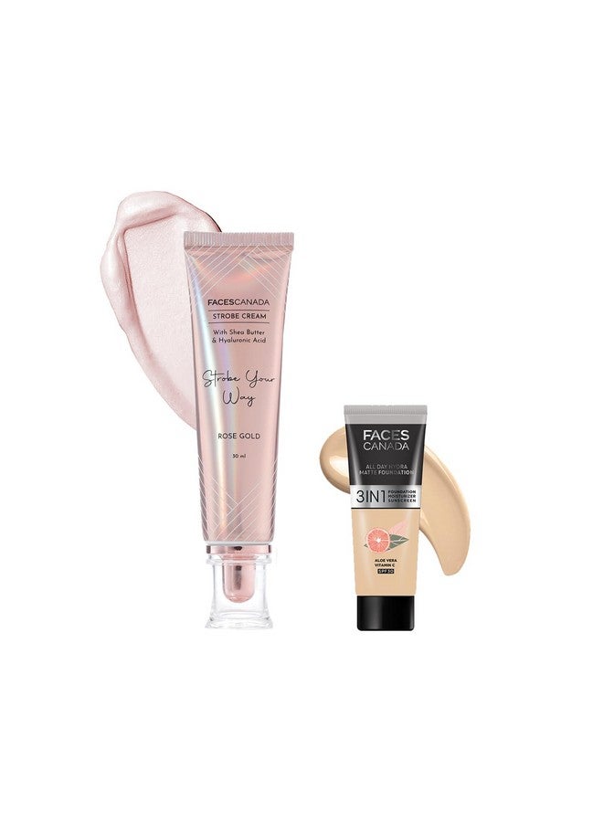 فاسيسكانادا مجموعة Rose Glow | كريم ستروب باللون الذهبي الوردي (30 مل) + كريم أساس Absolute Ivory All Day Hydra Matte Mini (15 مل) | مجموعة مكياج بتغطية كاملة لجميع أنواع البشرة للنساء (عبوة مكونة من قطعتين) - Image 1