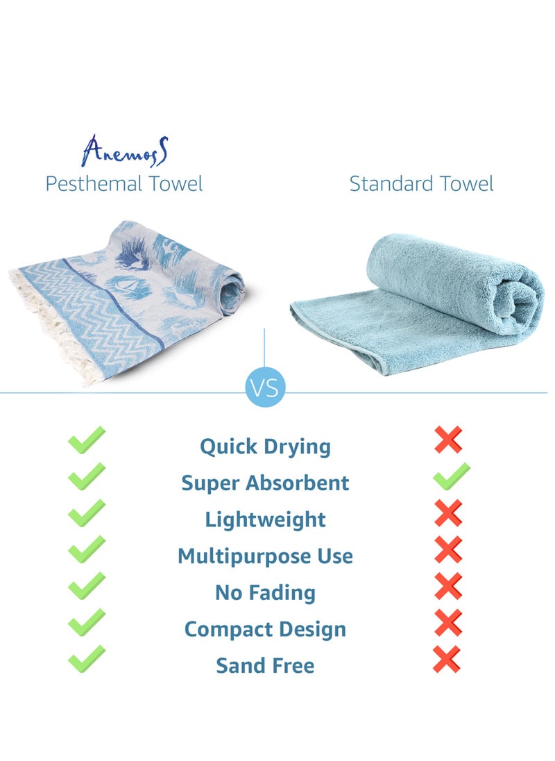 Anemoss - Turkish Peshtemal Bath Towel, Large Size 100x180cm, Fishes Pattern Design, 100% Cotton Soft & Quick Dry Material, Versatile Use for Beach, Pool and Bath, Peshtemal Bath Towel - Image 1