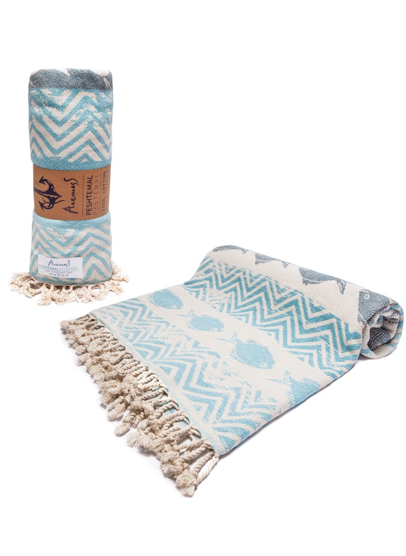 Anemoss - Turkish Peshtemal Bath Towel, Large Size 100x180cm, Fishes Pattern Design, 100% Cotton Soft & Quick Dry Material, Versatile Use for Beach, Pool and Bath, Peshtemal Bath Towel - Image 1