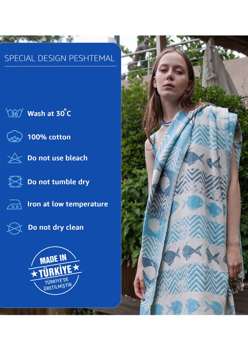 Anemoss - Turkish Peshtemal Bath Towel, Large Size 100x180cm, Fishes Pattern Design, 100% Cotton Soft & Quick Dry Material, Versatile Use for Beach, Pool and Bath, Peshtemal Bath Towel - Image 1