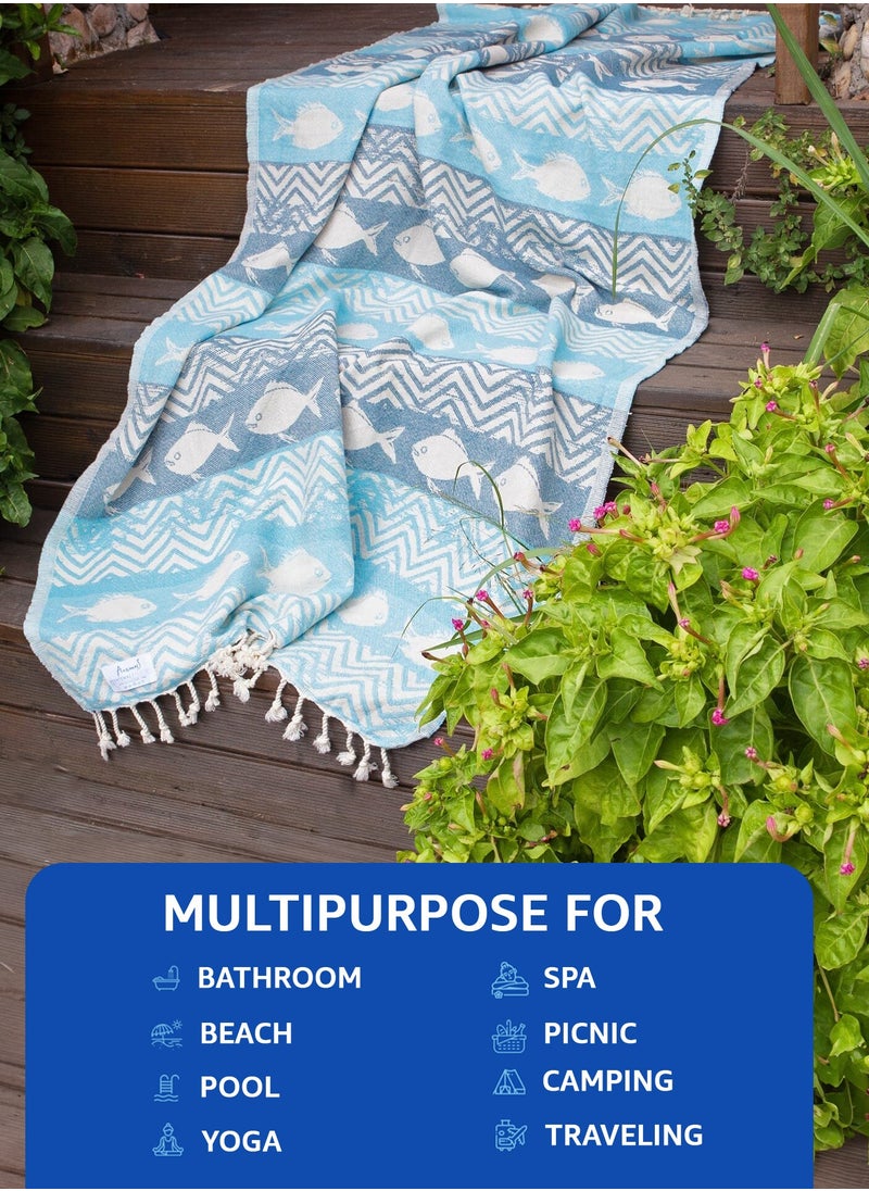 Anemoss - Turkish Peshtemal Bath Towel, Large Size 100x180cm, Fishes Pattern Design, 100% Cotton Soft & Quick Dry Material, Versatile Use for Beach, Pool and Bath, Peshtemal Bath Towel - Image 1