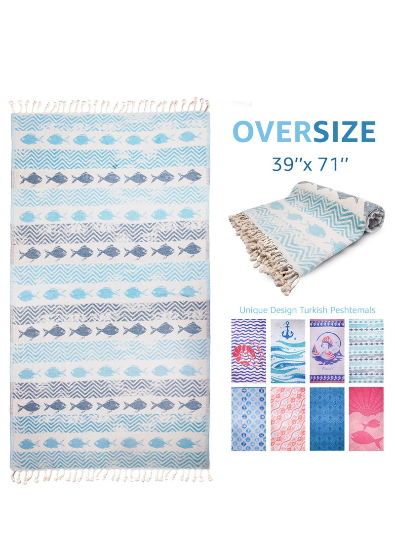 Anemoss - Turkish Peshtemal Bath Towel, Large Size 100x180cm, Fishes Pattern Design, 100% Cotton Soft & Quick Dry Material, Versatile Use for Beach, Pool and Bath, Peshtemal Bath Towel - Image 1