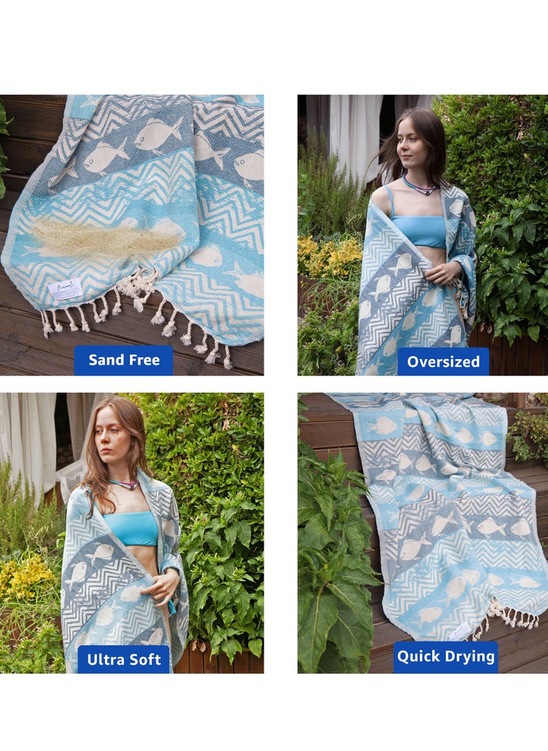 Anemoss - Turkish Peshtemal Bath Towel, Large Size 100x180cm, Fishes Pattern Design, 100% Cotton Soft & Quick Dry Material, Versatile Use for Beach, Pool and Bath, Peshtemal Bath Towel - Image 1