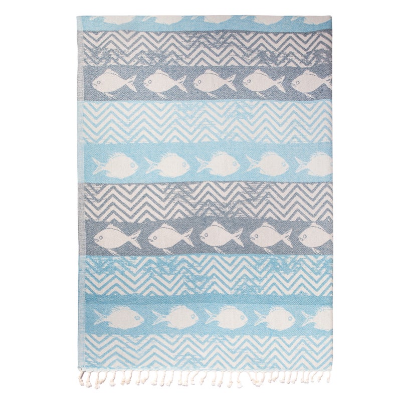 ANEMOSS Fishes Patterned Turkish Peshtemal, 100% Cotton, Free of Microfiber, Synthetic and Polyester, Soft, Quick Dry, Versatile Beach, Pool and Bath Peshtemal, for Kids and Adults, 39x70 in, 100x180 cm - Image 2