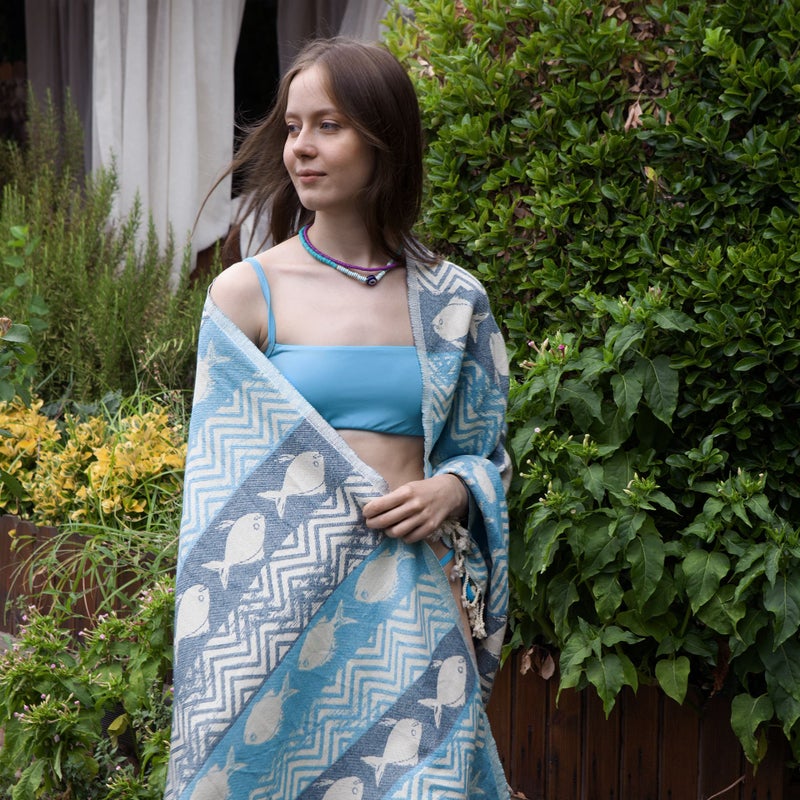 ANEMOSS Fishes Patterned Turkish Peshtemal, 100% Cotton, Free of Microfiber, Synthetic and Polyester, Soft, Quick Dry, Versatile Beach, Pool and Bath Peshtemal, for Kids and Adults, 39x70 in, 100x180 cm - Image 5