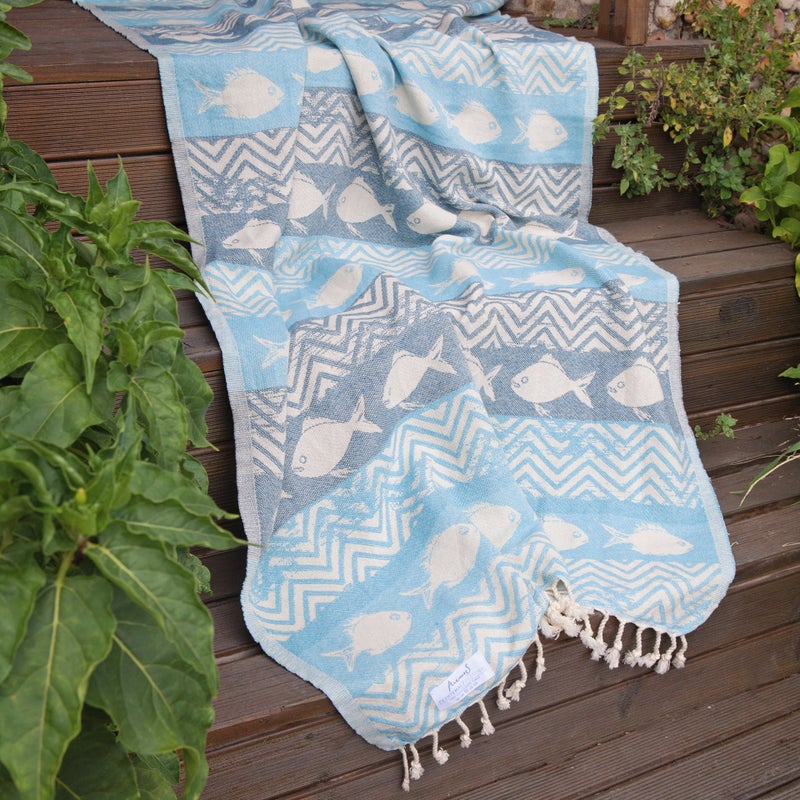 ANEMOSS Fishes Patterned Turkish Peshtemal, 100% Cotton, Free of Microfiber, Synthetic and Polyester, Soft, Quick Dry, Versatile Beach, Pool and Bath Peshtemal, for Kids and Adults, 39x70 in, 100x180 cm - Image 1