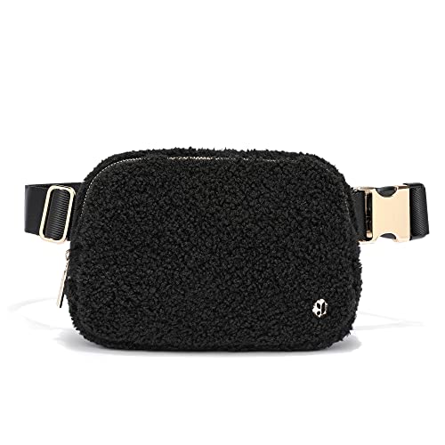 FODOKO Sherpa Belt Bag, Fleece Crossbody Bag Fanny Pack for Women Fashionable Everywhere Waist Bum Bag Pack with Hardware Buckle Black Gold - Image 1