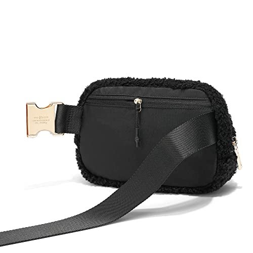 FODOKO Sherpa Belt Bag, Fleece Crossbody Bag Fanny Pack for Women Fashionable Everywhere Waist Bum Bag Pack with Hardware Buckle Black Gold - Image 2