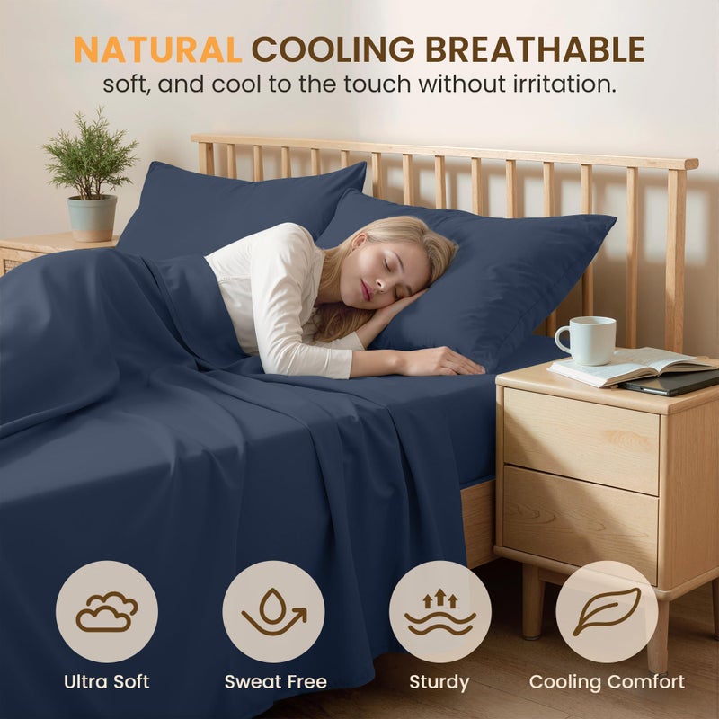 USXIBEI Queen Size 4 Piece Sheet Set - Comfy Breathable & Cooling Bed Sheets Set, Soft and Wrinkle Free, Deep Pockets, Easy & Secure Fit, Hotel Luxury Bedding for Women, Men - Oeko-Tex - Navy Blue - Image 3