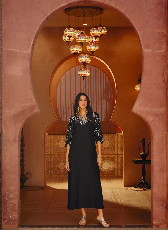 SASSAFRAS Black Embroidered Neck Rayon Abaya Dress