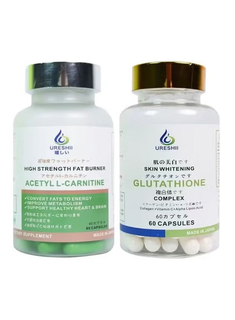 Ureshii Skin Whitening Glutathione Complex 60 Capsules & Ureshii Strength Fat Burner Acetyl L-Carnitine 60 Capsules Bundle