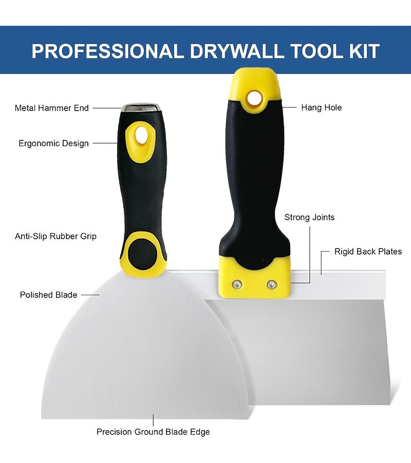 Mini 7 Piece Stainless Steel Drywall Scraper Trowel Set with Ergonomic Grip and Mortar Tray - Image 4