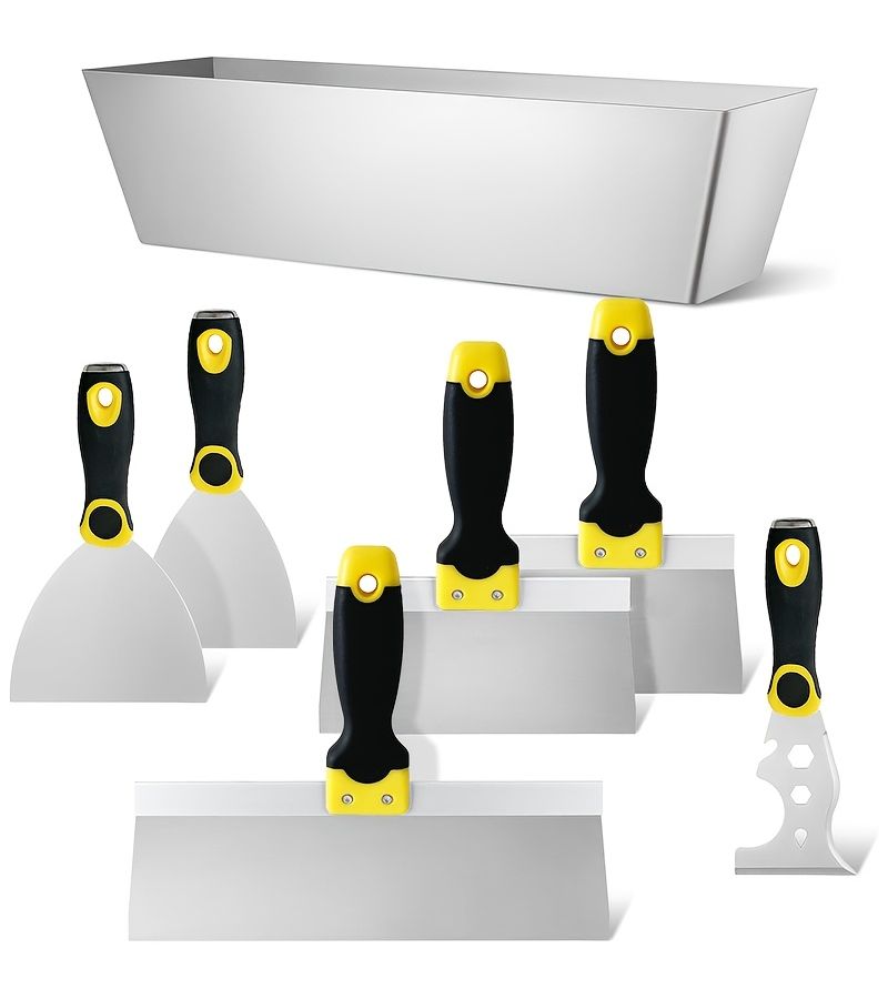 Mini 7 Piece Stainless Steel Drywall Scraper Trowel Set with Ergonomic Grip and Mortar Tray - Image 1