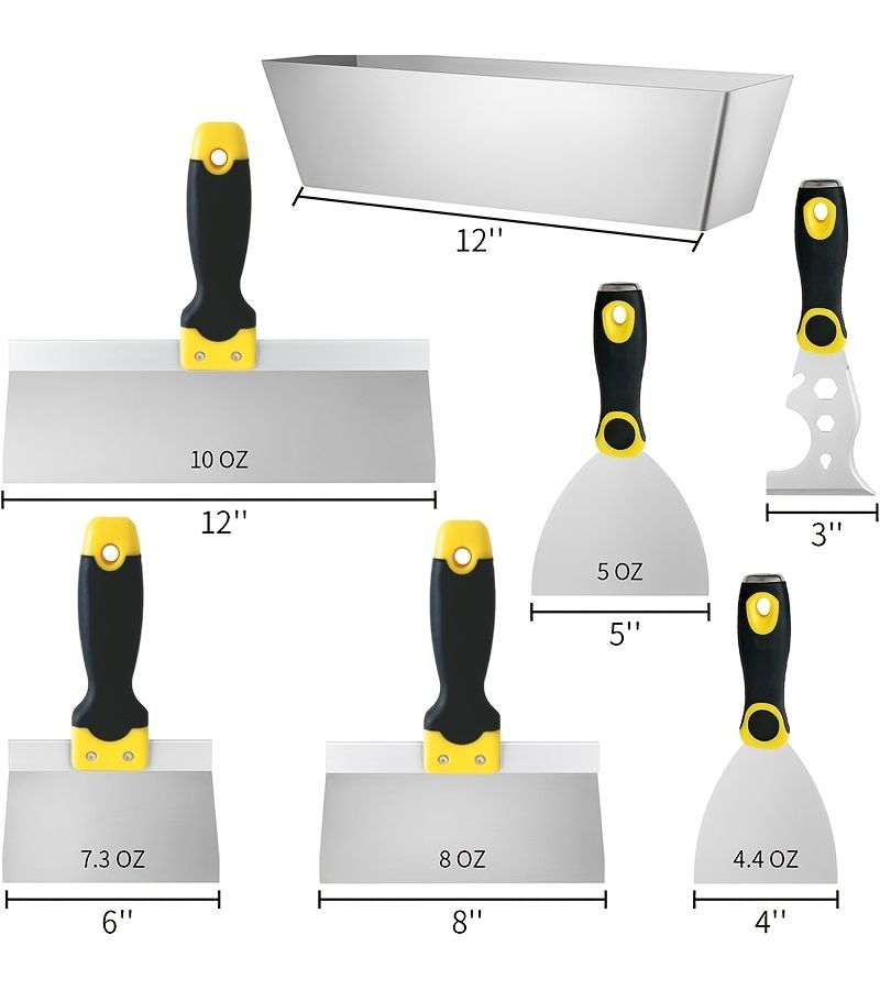 Mini 7 Piece Stainless Steel Drywall Scraper Trowel Set with Ergonomic Grip and Mortar Tray - Image 3