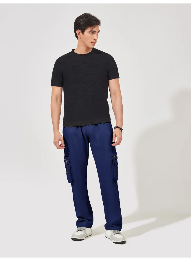 Maniac Mens Solid Navy Oversized Cotton Cargo Pant