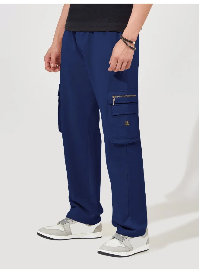 Maniac Mens Solid Navy Oversized Cotton Cargo Pant