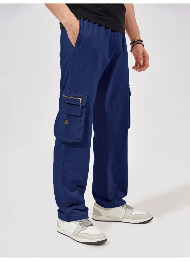 مانياك Mens Solid Navy Oversized Cotton Cargo Pant