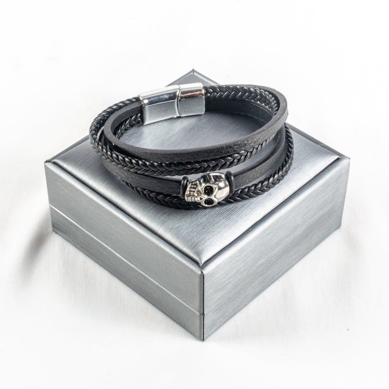 Stainless Steel & Leather Multi Layered Black Silver Bracelet For Him Skull - Image 1