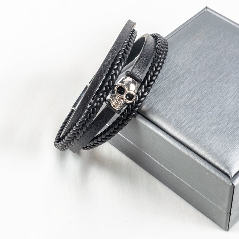 Stainless Steel & Leather Multi Layered Black Silver Bracelet For Him Skull - Image 2