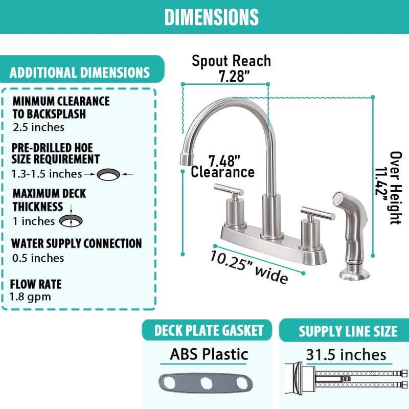 Vsunhoo Kitchen Faucets, Kitchen Faucet with Sprayer, Brushed Nickel Kitchen Sink Faucet, 3 or 4 Hole RV Faucet for Kitchen Sink, Stainless Steel Touch Kitchen Faucet with Side Sprayer, TDLKF024L - Image 5