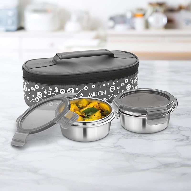 Milton MILTON Lifestyle Lunch Box with Insulated Jacket, 2 Stainless Steel Containers with Clip Lock Lid (300 ml Each), Leak-Proof Tiffin for Office, School, College, Grey  - Image 3