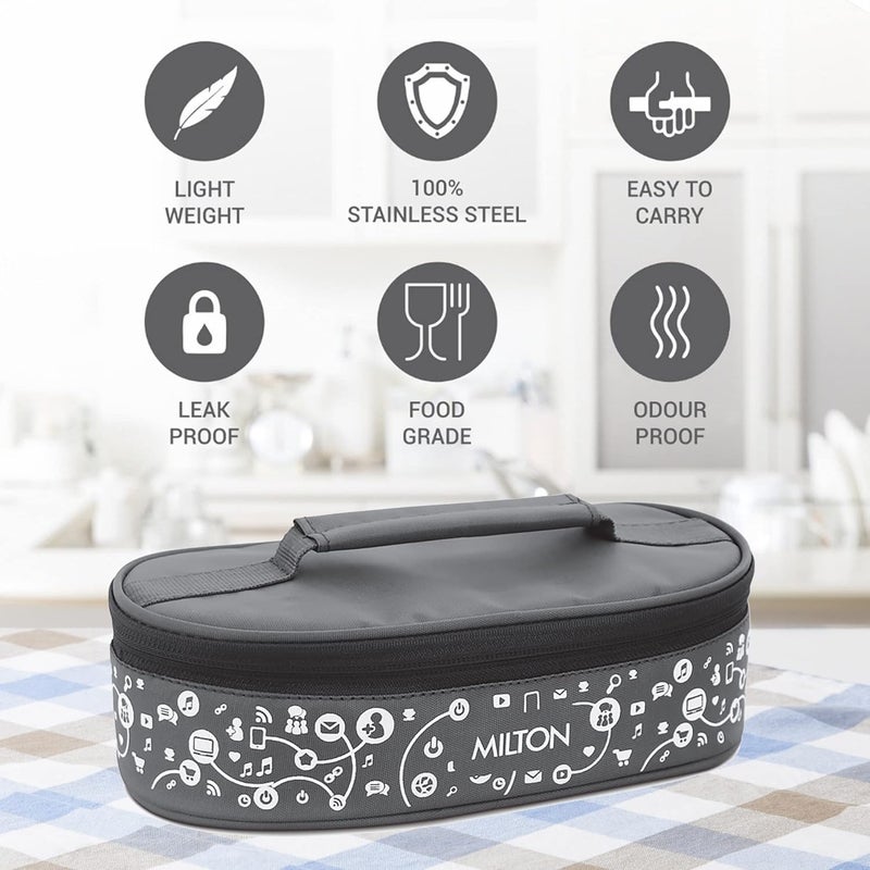 Milton MILTON Lifestyle Lunch Box with Insulated Jacket, 2 Stainless Steel Containers with Clip Lock Lid (300 ml Each), Leak-Proof Tiffin for Office, School, College, Grey  - Image 4