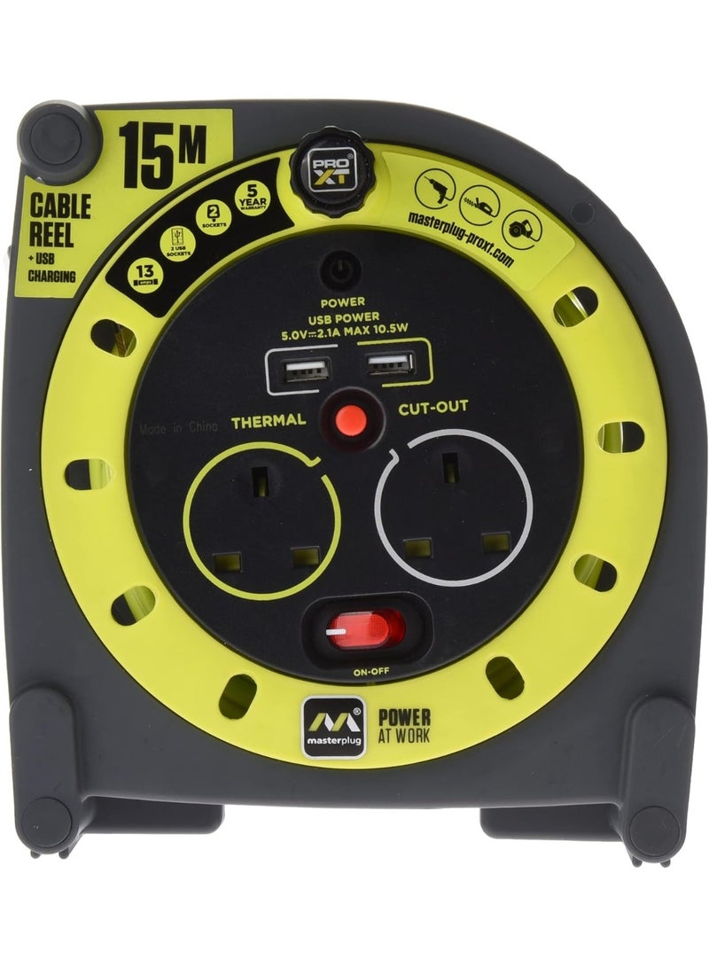 Masterplug 13A 15 Meter Case Reel with 2 Socket + 2 USB Port And Thermal Cut Out Switch HMU15132USL-04 - Image 2