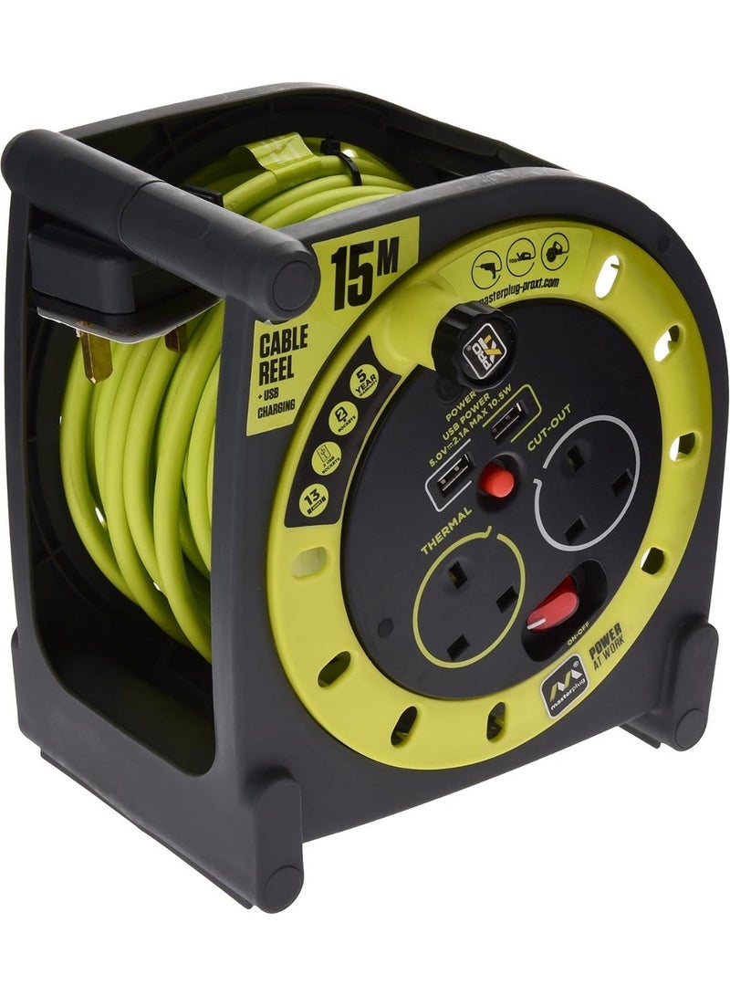 Masterplug PRO-XT Case Cable Reel 15M, 2 Sockets, 13A , 2 USB, 3120W, Portable Extension Reel with Thermal Cut-Out, Power Switch & LED Indicator, Grey - Image 1