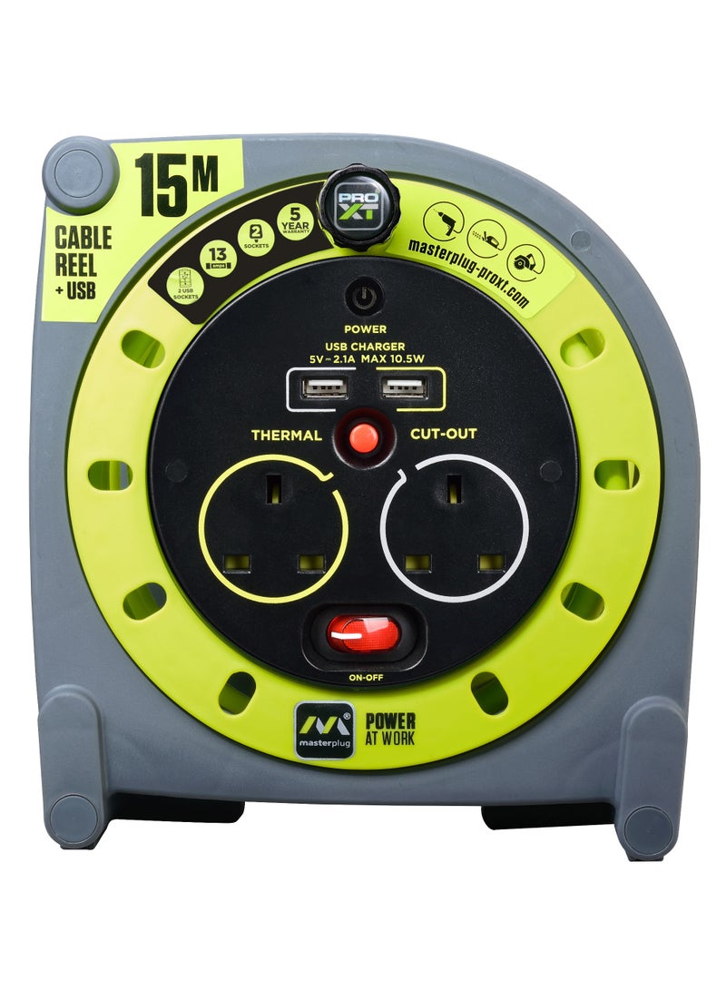 Masterplug PRO-XT Case Cable Reel 15M, 2 Sockets, 13A , 2 USB, 3120W, Portable Extension Reel with Thermal Cut-Out, Power Switch & LED Indicator, Grey - Image 3