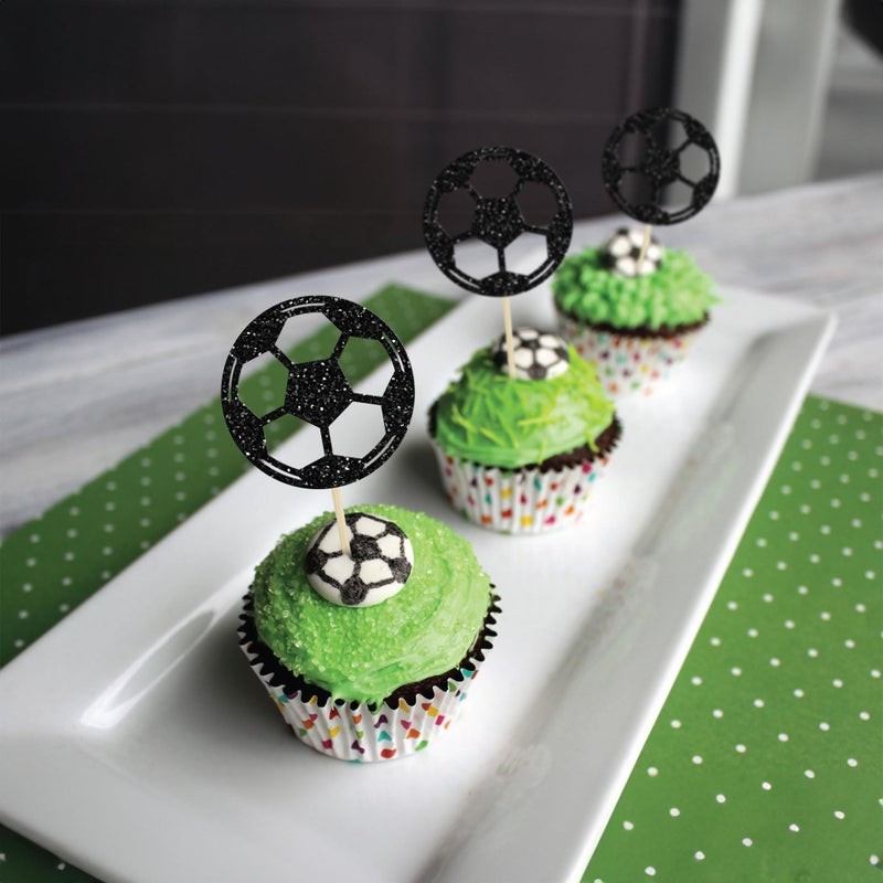 Ephlyn 24Pcs Soccer Ball Cupcake Toppers Black Glitter Sports Theme Football Cupcake Food Picks Sport Balls Baby Shower Wedding Birthday Party Cake Decorations Supplies - Image 4