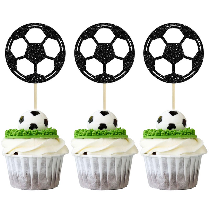 Ephlyn 24Pcs Soccer Ball Cupcake Toppers Black Glitter Sports Theme Football Cupcake Food Picks Sport Balls Baby Shower Wedding Birthday Party Cake Decorations Supplies - Image 1